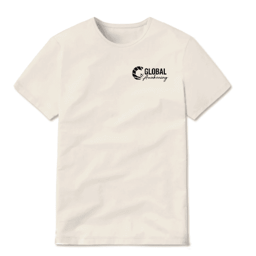 tan tee shirt with black Global logo on front